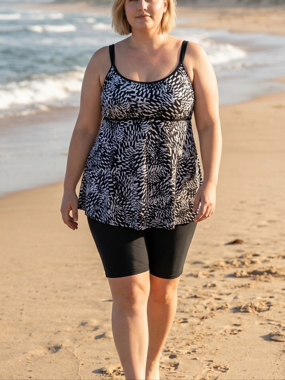 BEACH BELLE Black & White Printed Tan Top SIZE 22